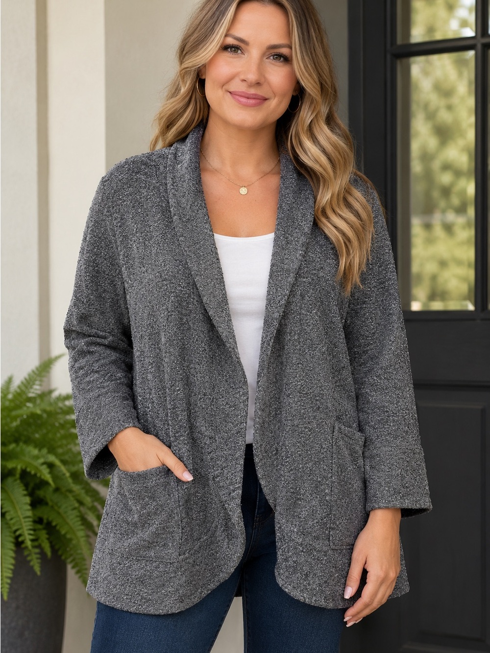 Coldwater Creek Gray Shawl Collar Open-Front Cardigan L